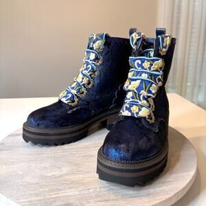 NEW Irregular Choice Morning Stroll Women's Blue Velvet Combat Boots US Size 7